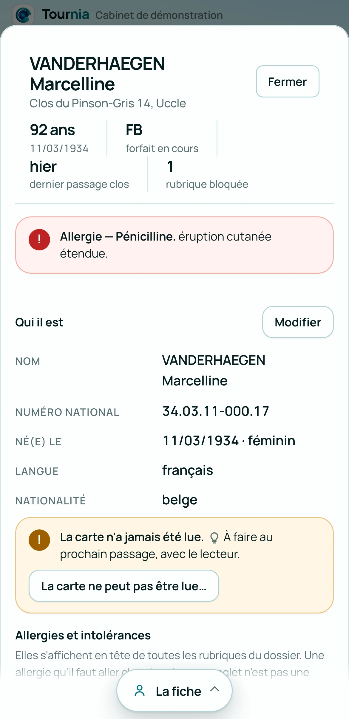 Tournia sur le téléphone : le dossier patient