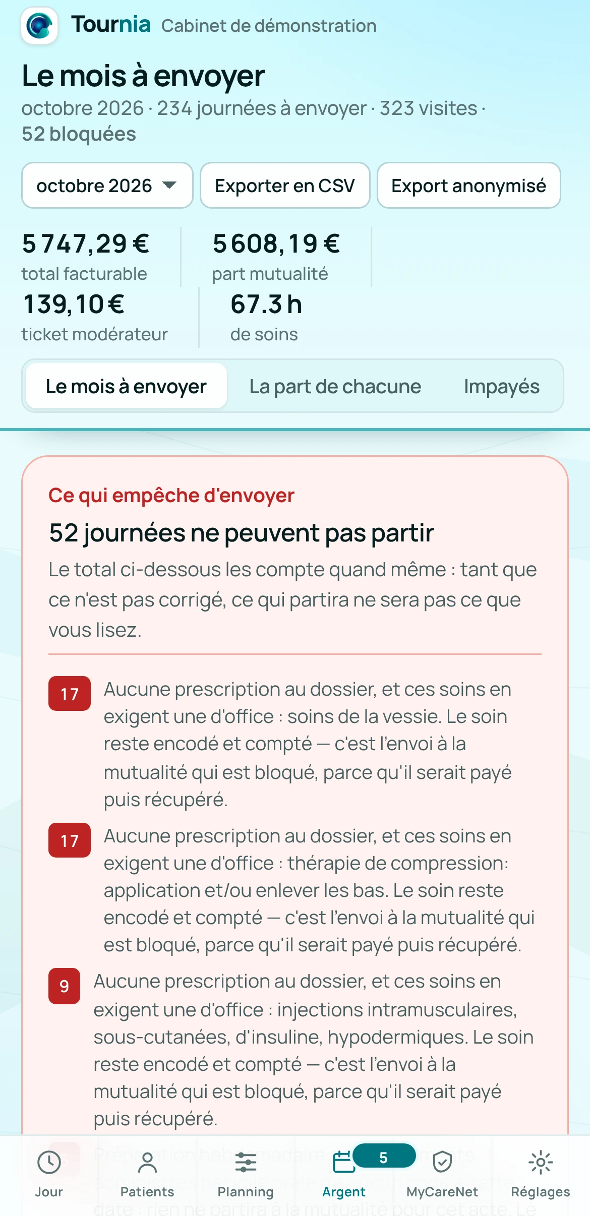 Tournia sur le téléphone : Le mois à envoyer · la facture