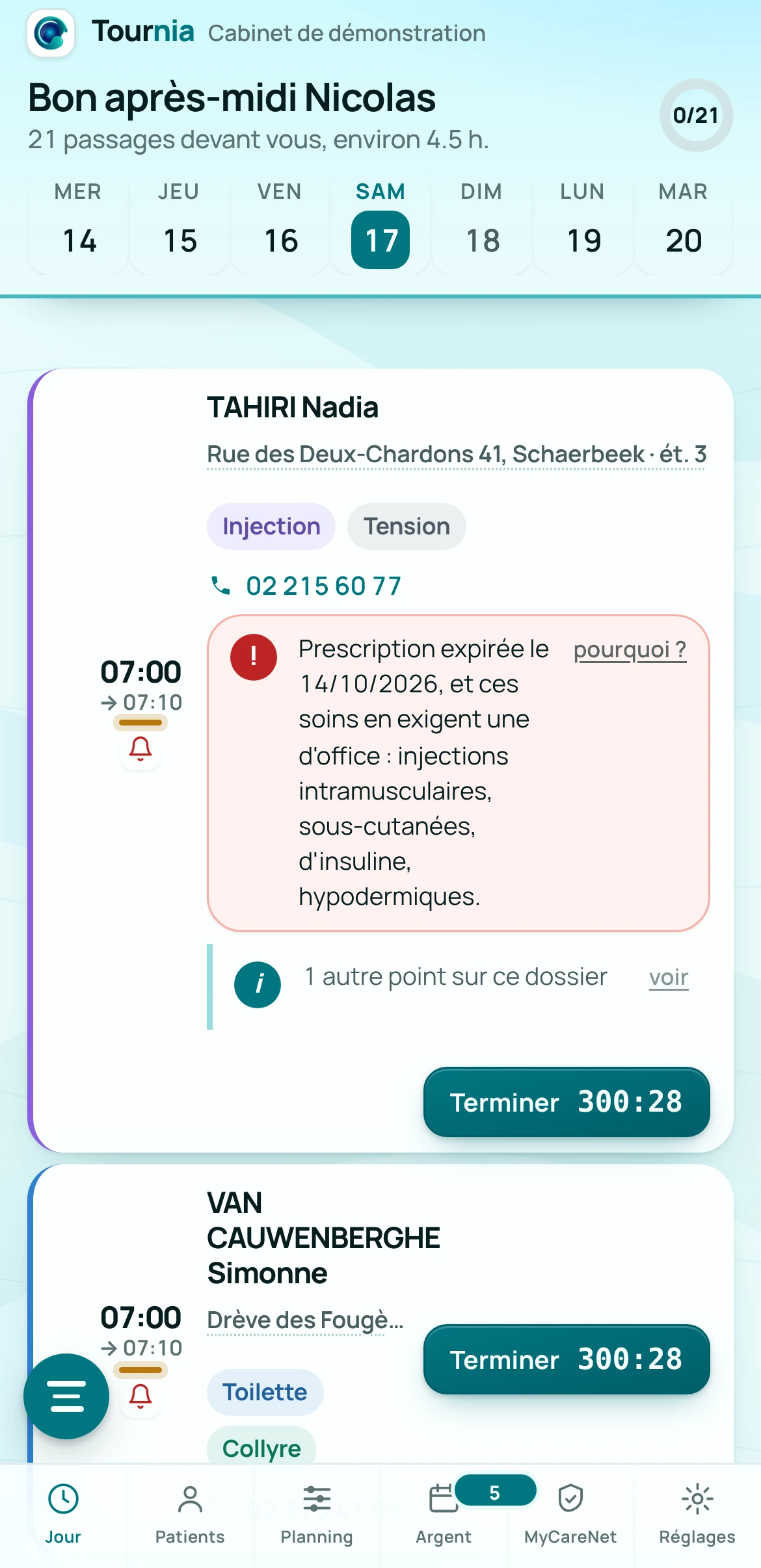 Tournia sur le téléphone : Ma journée · la nomenclature appliquée à chaque soin
