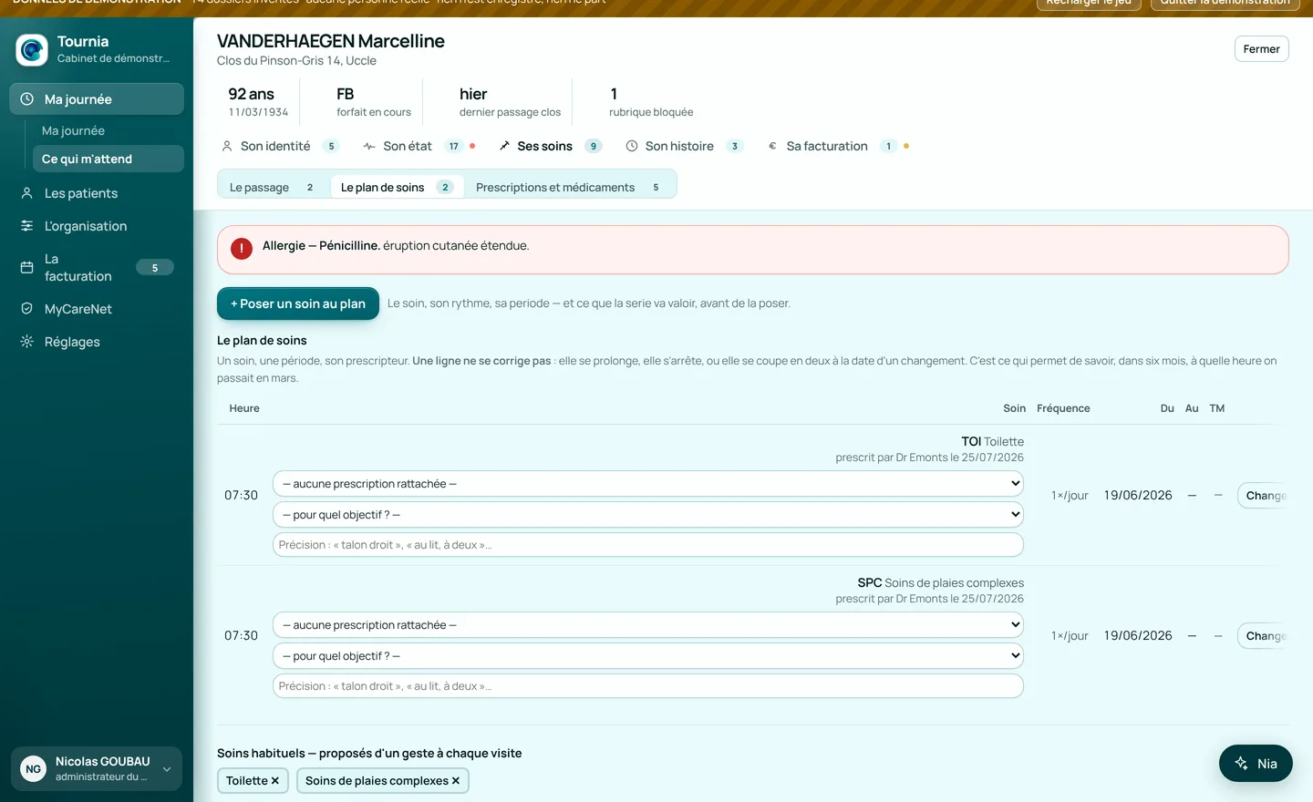 Tournia sur l’ordinateur : Fiche patient · le plan de soins