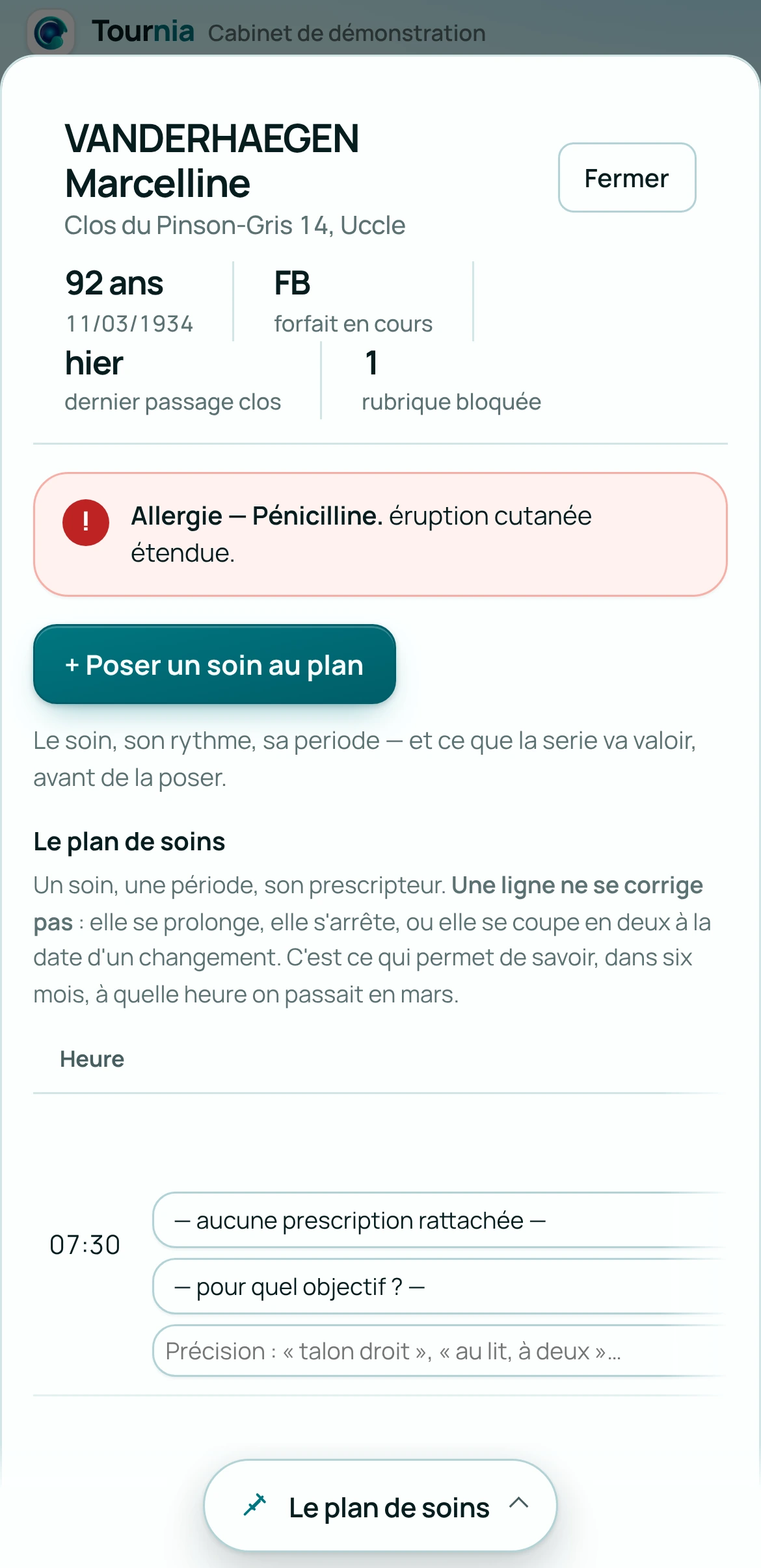 Tournia sur le téléphone : Fiche patient · le plan de soins
